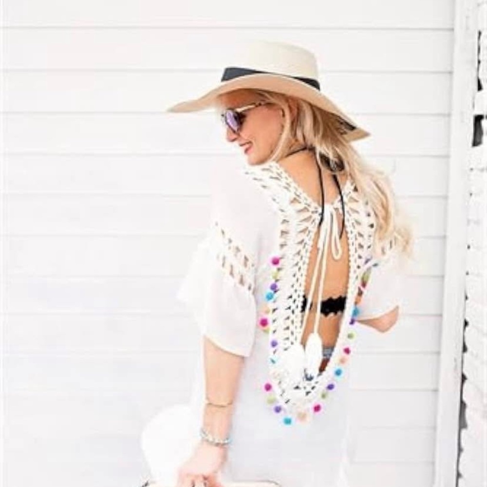White Boho Pom Pom Crochet Pool / Beach Cover-Up